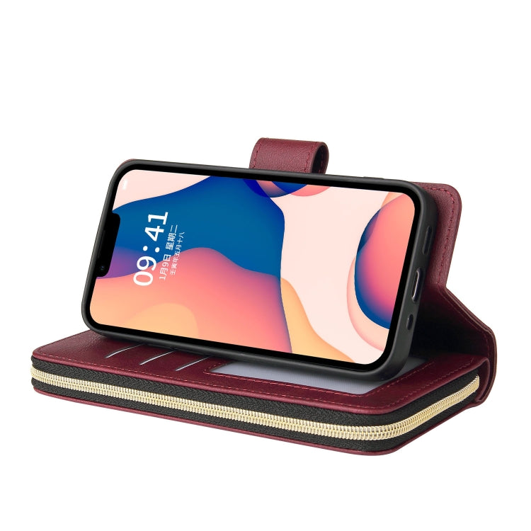 For iPhone 14 Plus 9 Card Slots Zipper Wallet Bag Leather Phone Case