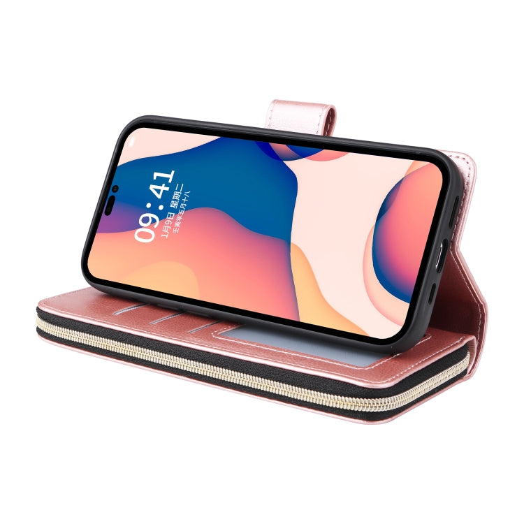 For iPhone 14 Pro 9 Card Slots Zipper Wallet Bag Leather Phone Case