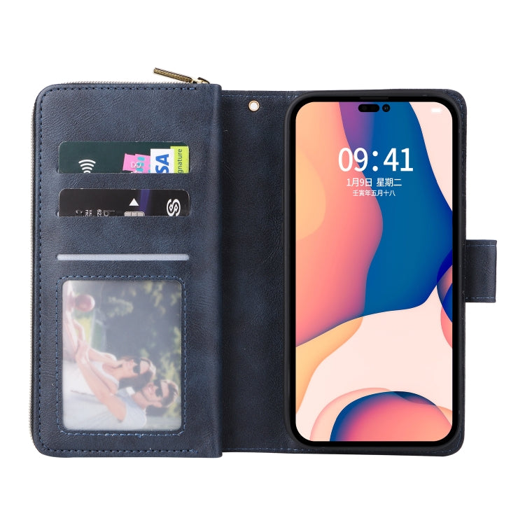 For iPhone 14 Pro 9 Card Slots Zipper Wallet Bag Leather Phone Case