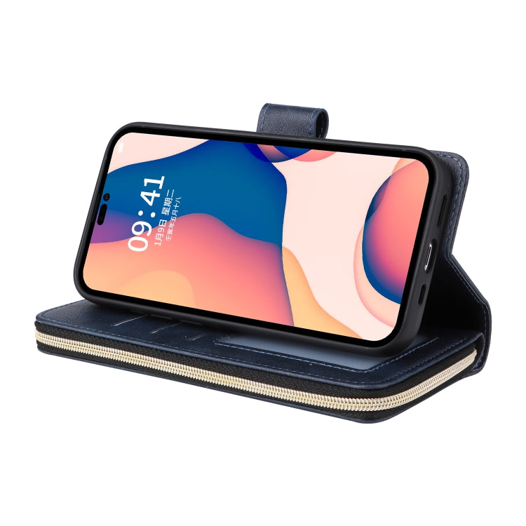 For iPhone 14 Pro 9 Card Slots Zipper Wallet Bag Leather Phone Case