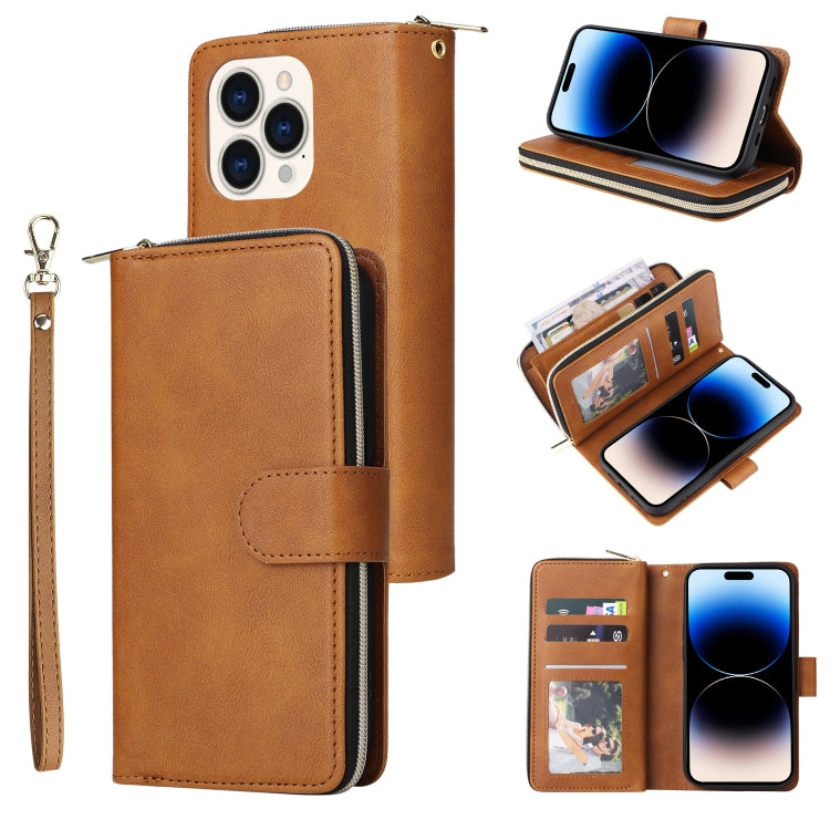 For iPhone 14 Pro 9 Card Slots Zipper Wallet Bag Leather Phone Case