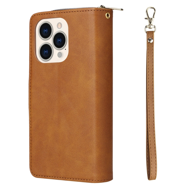 For iPhone 14 Pro 9 Card Slots Zipper Wallet Bag Leather Phone Case