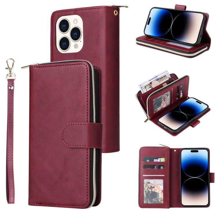 For iPhone 14 Pro 9 Card Slots Zipper Wallet Bag Leather Phone Case