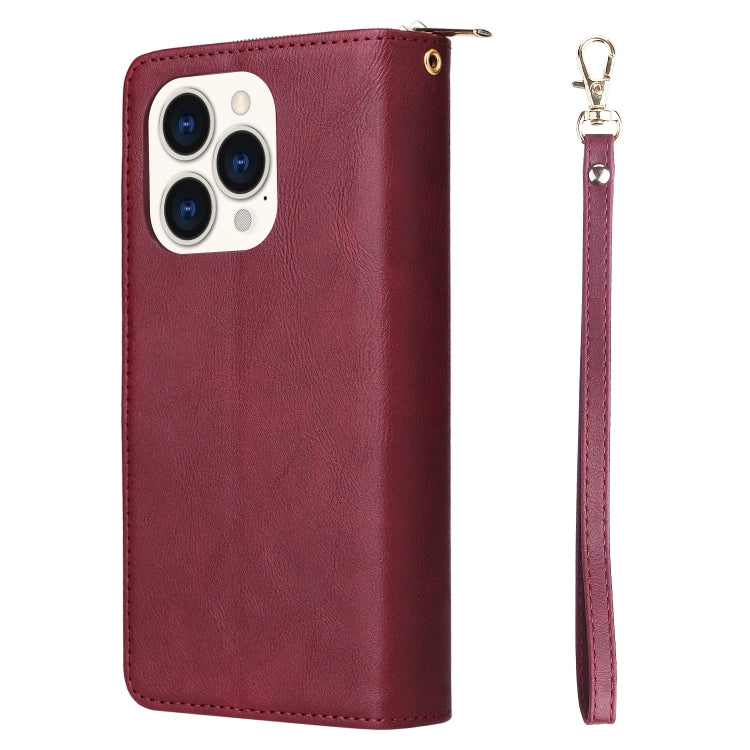 For iPhone 14 Pro 9 Card Slots Zipper Wallet Bag Leather Phone Case