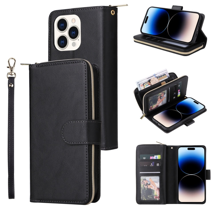 For iPhone 14 Pro Max 9 Card Slots Zipper Wallet Bag Leather Phone Case