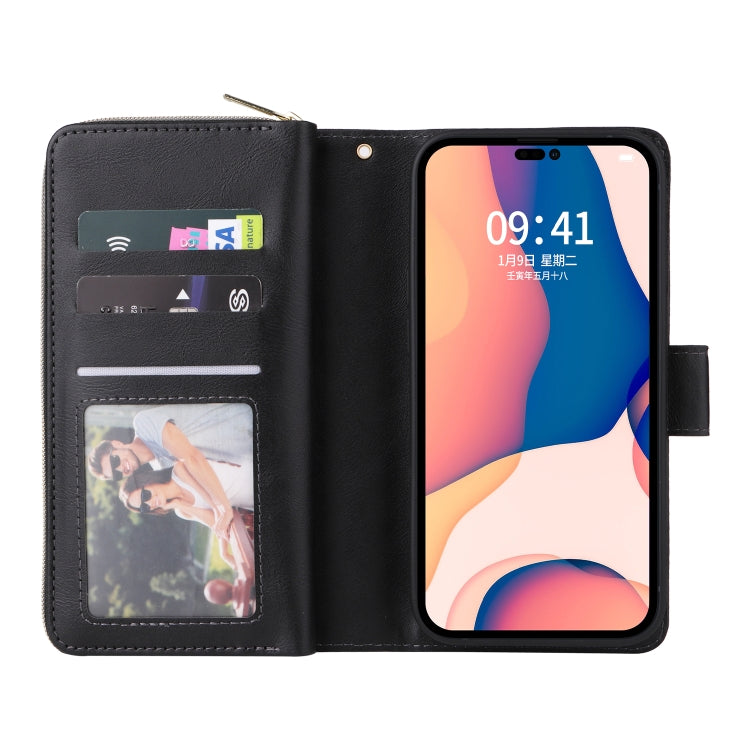 For iPhone 14 Pro Max 9 Card Slots Zipper Wallet Bag Leather Phone Case
