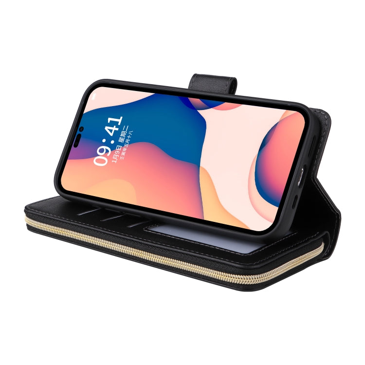 For iPhone 14 Pro Max 9 Card Slots Zipper Wallet Bag Leather Phone Case
