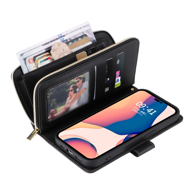 For iPhone 14 Pro Max 9 Card Slots Zipper Wallet Bag Leather Phone Case
