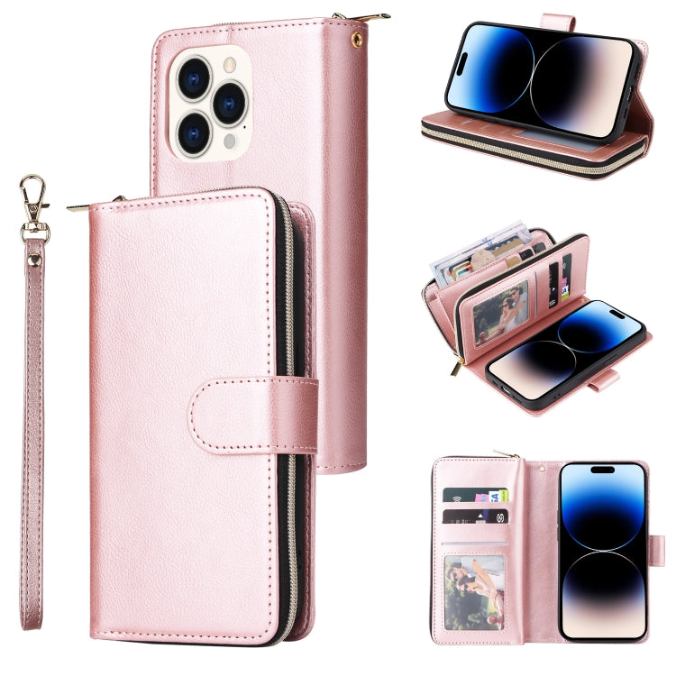 For iPhone 14 Pro Max 9 Card Slots Zipper Wallet Bag Leather Phone Case