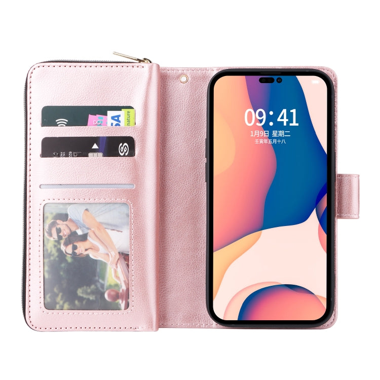 For iPhone 14 Pro Max 9 Card Slots Zipper Wallet Bag Leather Phone Case