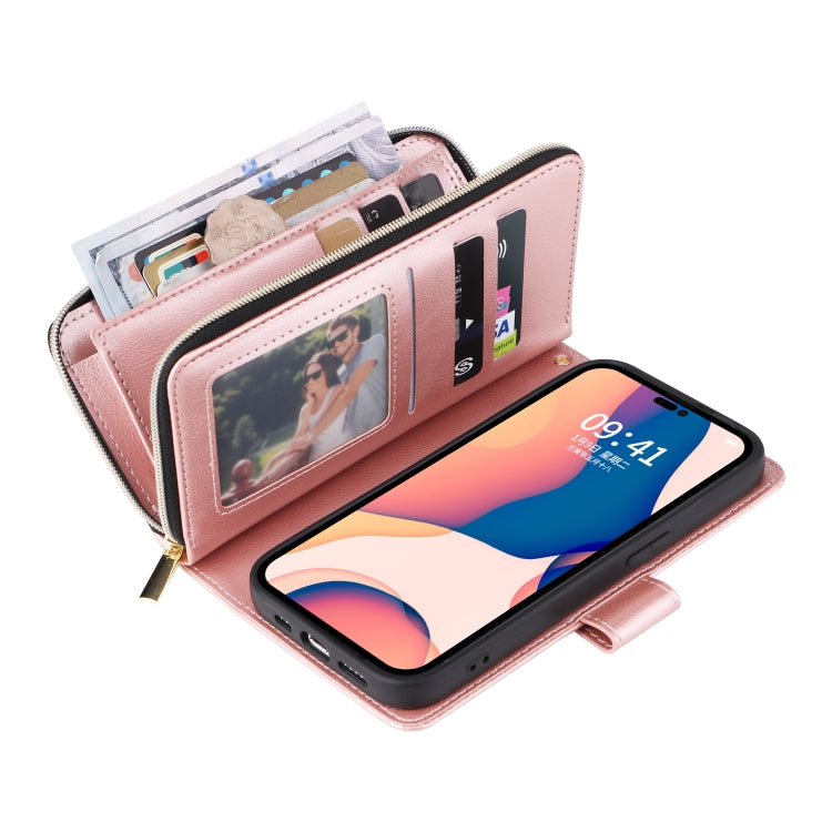 For iPhone 14 Pro Max 9 Card Slots Zipper Wallet Bag Leather Phone Case