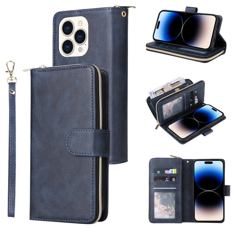 For iPhone 14 Pro Max 9 Card Slots Zipper Wallet Bag Leather Phone Case