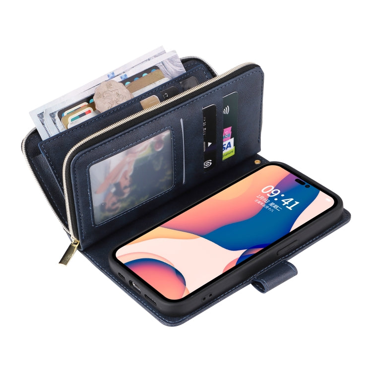 For iPhone 14 Pro Max 9 Card Slots Zipper Wallet Bag Leather Phone Case