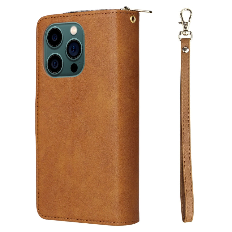 For iPhone 14 Pro Max 9 Card Slots Zipper Wallet Bag Leather Phone Case