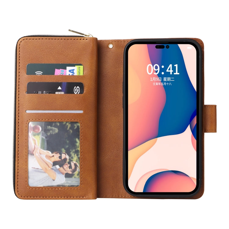 For iPhone 14 Pro Max 9 Card Slots Zipper Wallet Bag Leather Phone Case