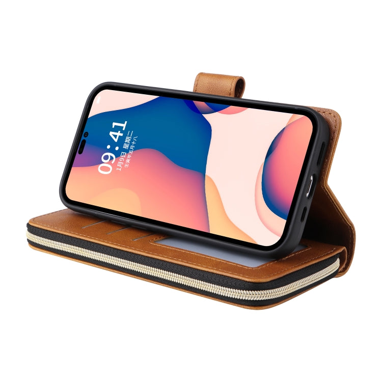For iPhone 14 Pro Max 9 Card Slots Zipper Wallet Bag Leather Phone Case