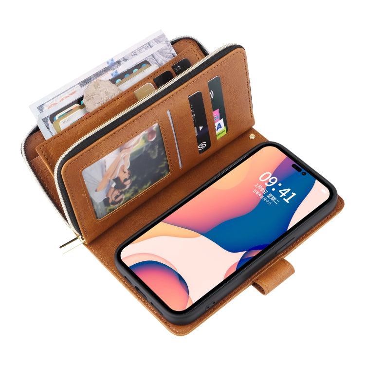 For iPhone 14 Pro Max 9 Card Slots Zipper Wallet Bag Leather Phone Case