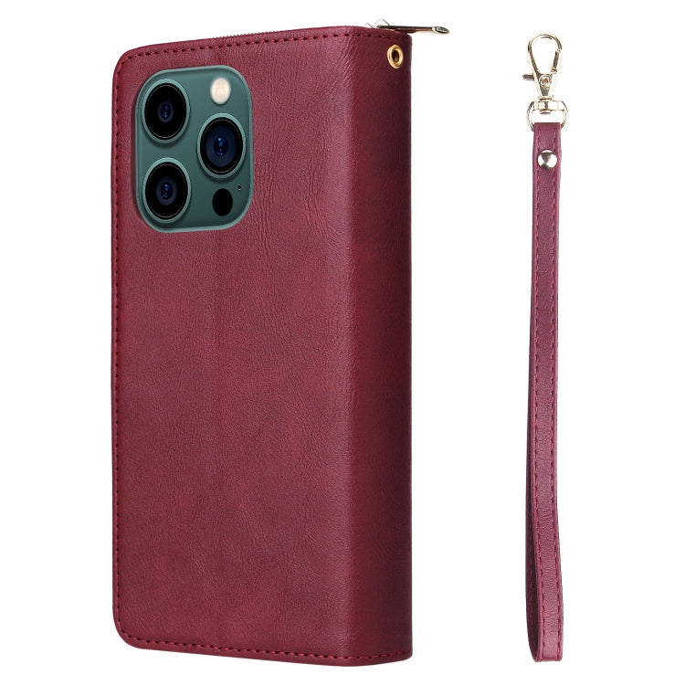 For iPhone 14 Pro Max 9 Card Slots Zipper Wallet Bag Leather Phone Case