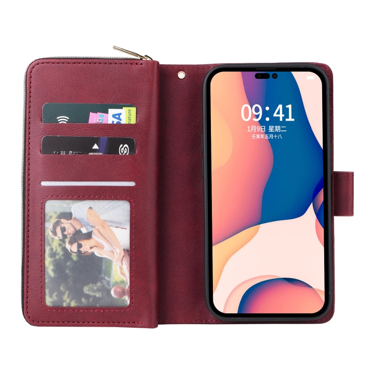 For iPhone 14 Pro Max 9 Card Slots Zipper Wallet Bag Leather Phone Case