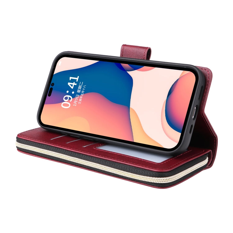 For iPhone 14 Pro Max 9 Card Slots Zipper Wallet Bag Leather Phone Case