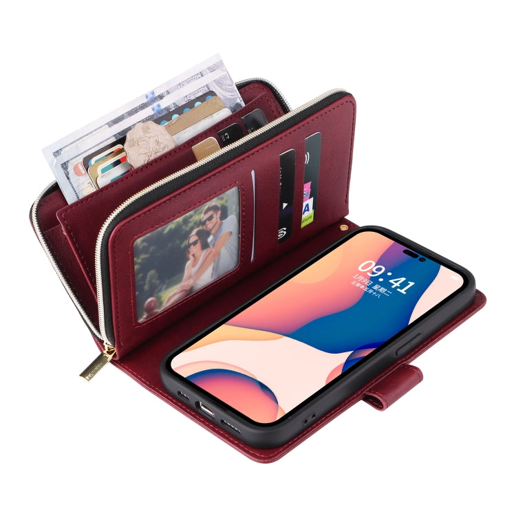 For iPhone 14 Pro Max 9 Card Slots Zipper Wallet Bag Leather Phone Case