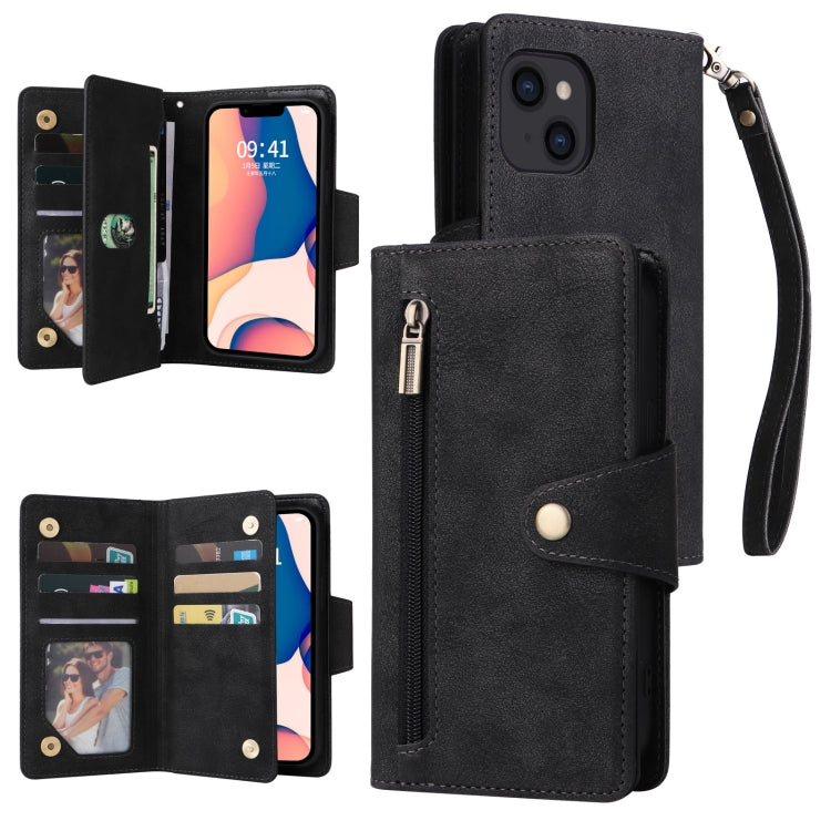 For iPhone 14 Rivet Buckle 9 Cards Three Fold Leather Phone Case