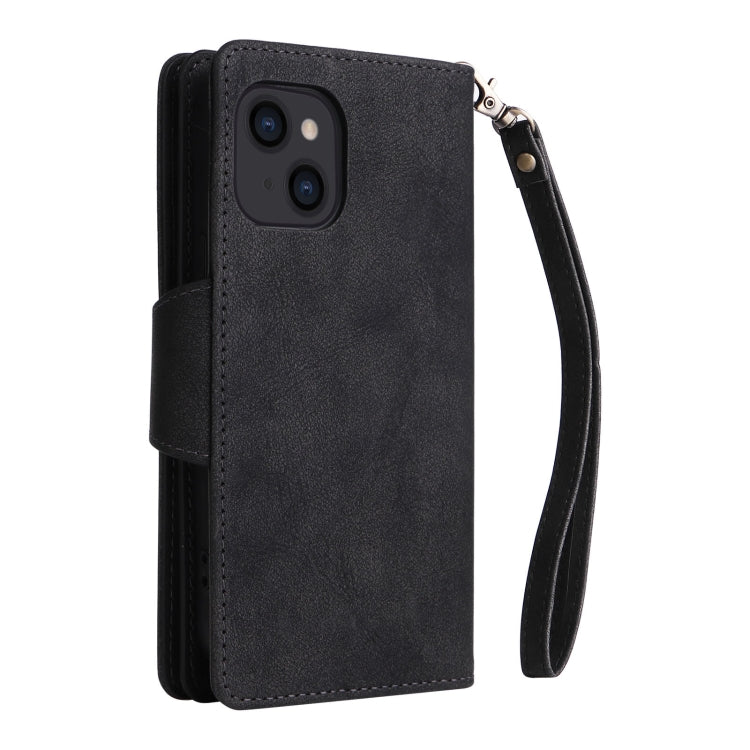 For iPhone 14 Rivet Buckle 9 Cards Three Fold Leather Phone Case