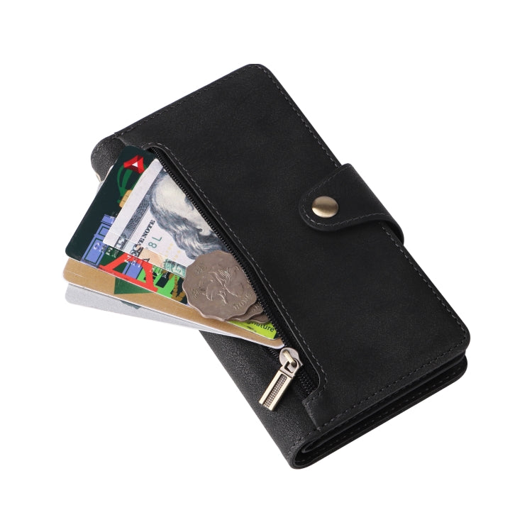 For iPhone 14 Rivet Buckle 9 Cards Three Fold Leather Phone Case