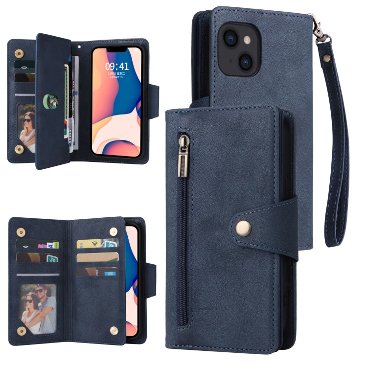 For iPhone 14 Rivet Buckle 9 Cards Three Fold Leather Phone Case