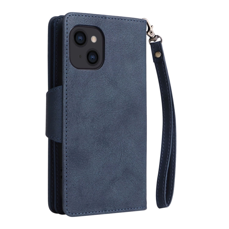 For iPhone 14 Rivet Buckle 9 Cards Three Fold Leather Phone Case