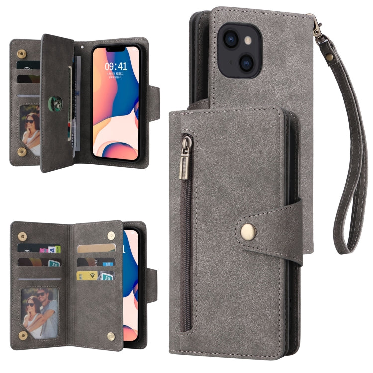 For iPhone 14 Rivet Buckle 9 Cards Three Fold Leather Phone Case