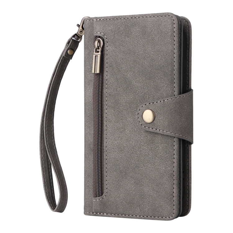 For iPhone 14 Rivet Buckle 9 Cards Three Fold Leather Phone Case