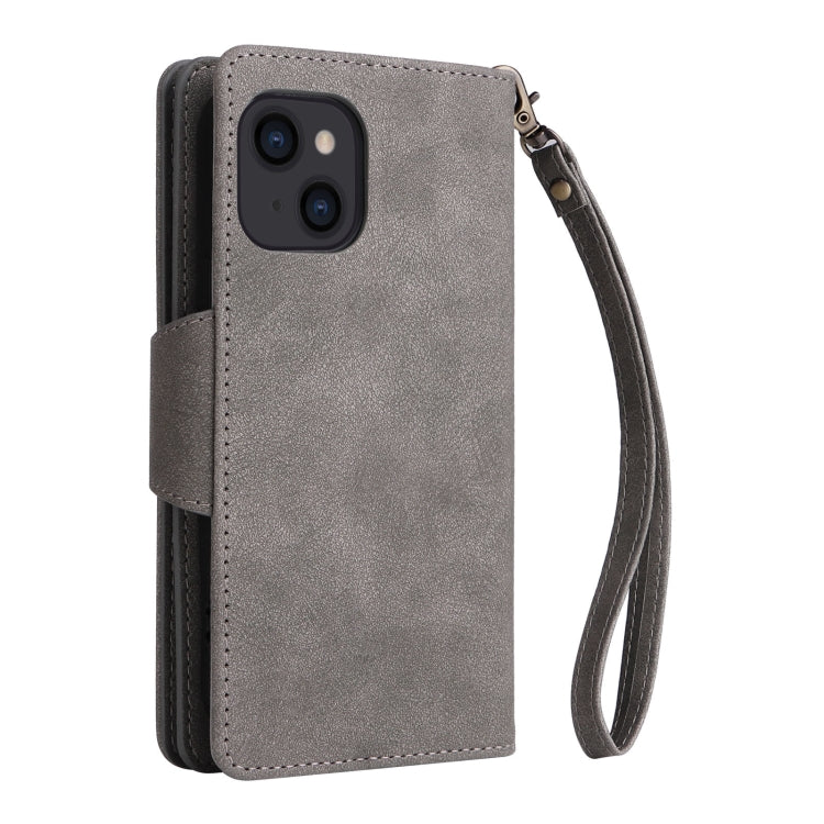 For iPhone 14 Rivet Buckle 9 Cards Three Fold Leather Phone Case