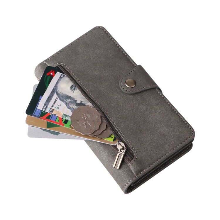 For iPhone 14 Rivet Buckle 9 Cards Three Fold Leather Phone Case
