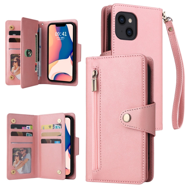 For iPhone 14 Rivet Buckle 9 Cards Three Fold Leather Phone Case