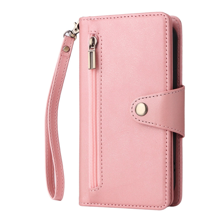 For iPhone 14 Rivet Buckle 9 Cards Three Fold Leather Phone Case