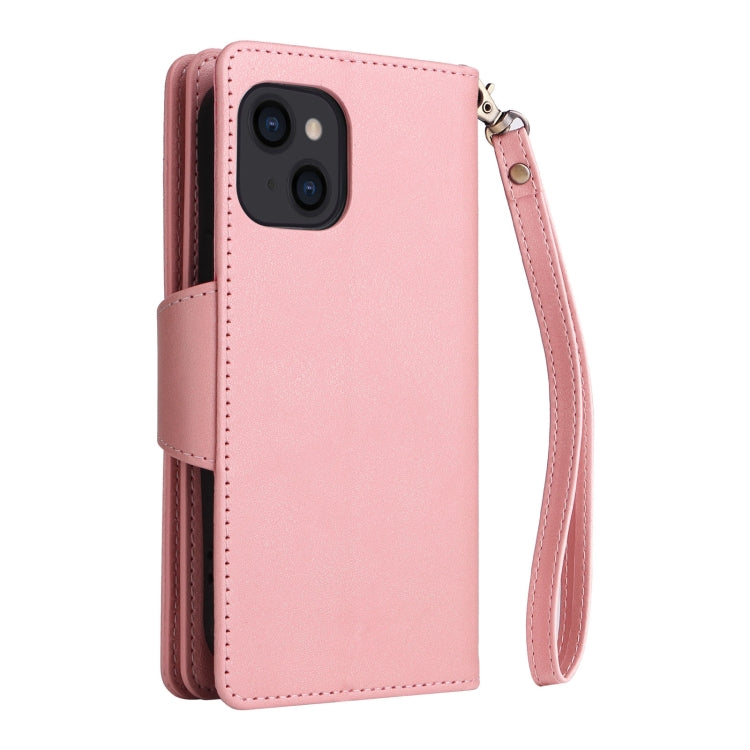 For iPhone 14 Rivet Buckle 9 Cards Three Fold Leather Phone Case