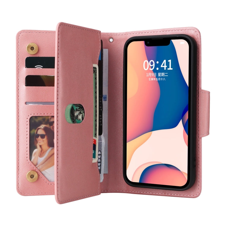 For iPhone 14 Rivet Buckle 9 Cards Three Fold Leather Phone Case