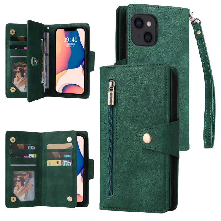 For iPhone 14 Rivet Buckle 9 Cards Three Fold Leather Phone Case