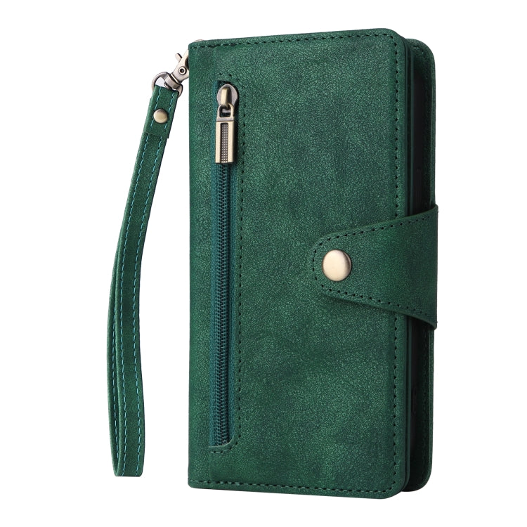 For iPhone 14 Rivet Buckle 9 Cards Three Fold Leather Phone Case