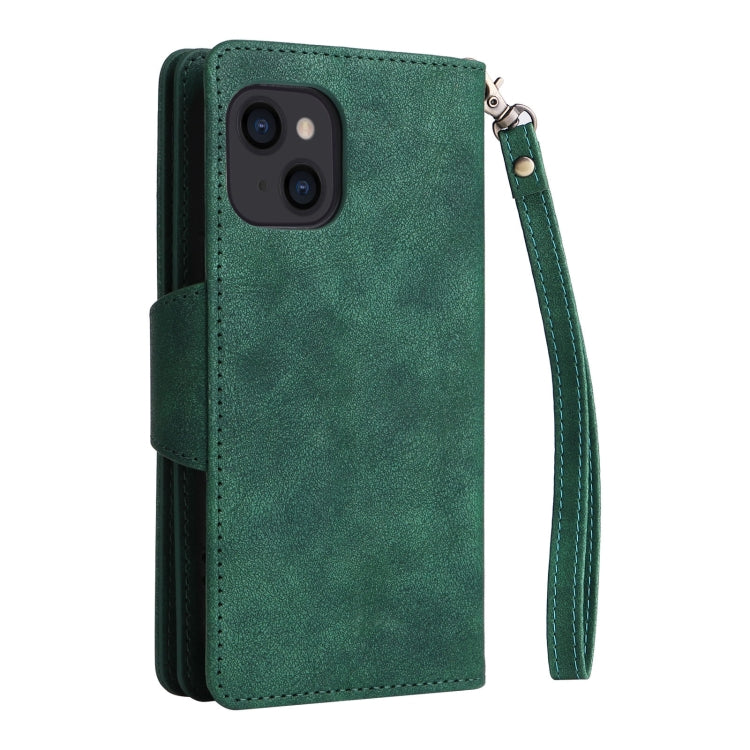 For iPhone 14 Rivet Buckle 9 Cards Three Fold Leather Phone Case