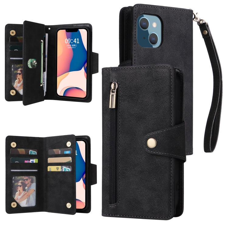 For iPhone 14 Plus Rivet Buckle 9 Cards Three Fold Leather Phone Case