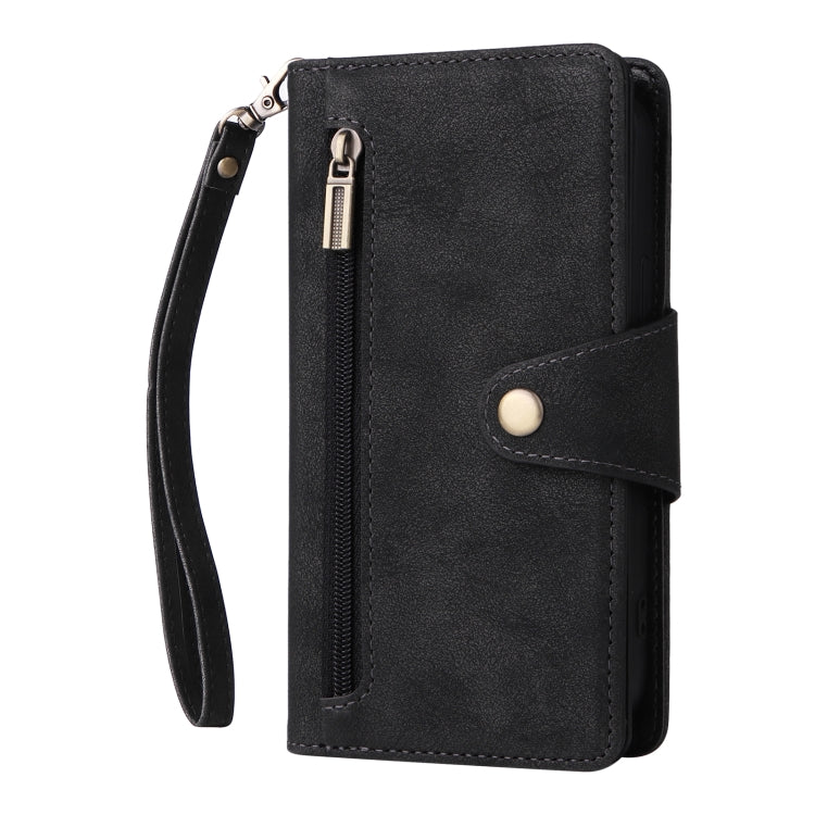 For iPhone 14 Plus Rivet Buckle 9 Cards Three Fold Leather Phone Case