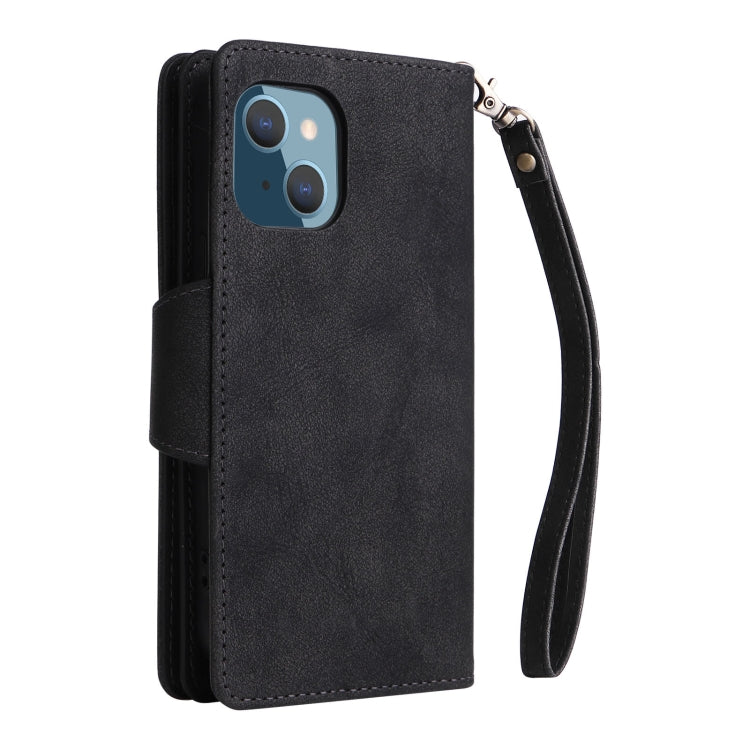 For iPhone 14 Plus Rivet Buckle 9 Cards Three Fold Leather Phone Case