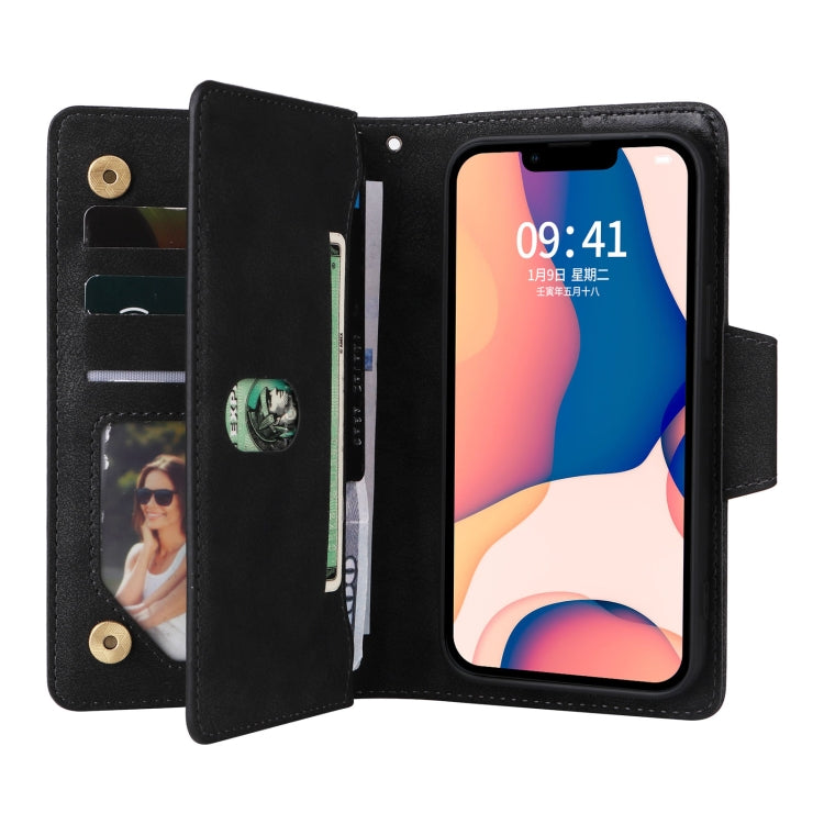 For iPhone 14 Plus Rivet Buckle 9 Cards Three Fold Leather Phone Case