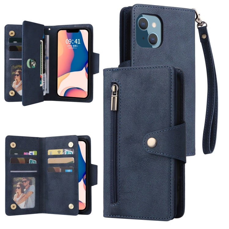 For iPhone 14 Plus Rivet Buckle 9 Cards Three Fold Leather Phone Case