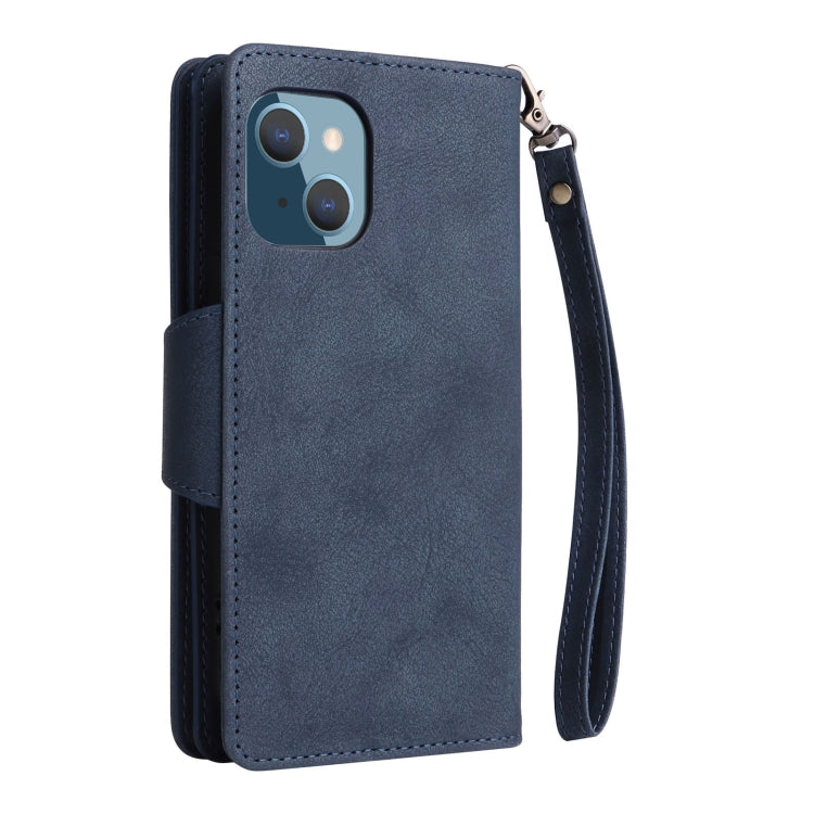 For iPhone 14 Plus Rivet Buckle 9 Cards Three Fold Leather Phone Case