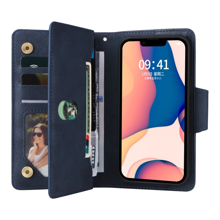 For iPhone 14 Plus Rivet Buckle 9 Cards Three Fold Leather Phone Case