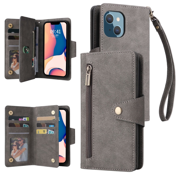 For iPhone 14 Plus Rivet Buckle 9 Cards Three Fold Leather Phone Case
