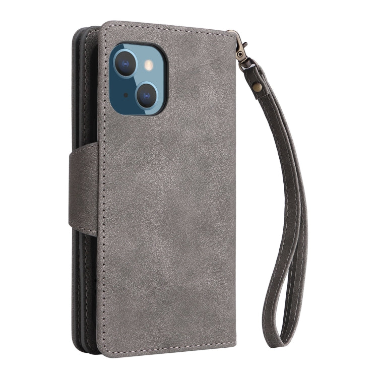For iPhone 14 Plus Rivet Buckle 9 Cards Three Fold Leather Phone Case